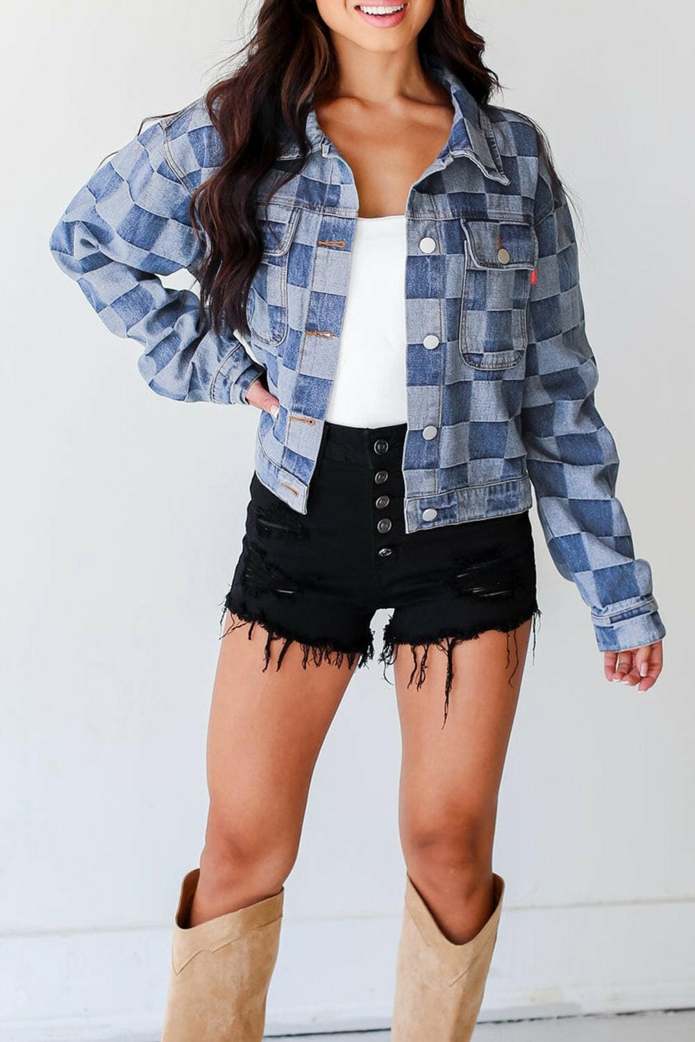 Checkered Denim Jacket (2 Colors)-Jackets-Krush Kandy, Women's Online Fashion Boutique Located in Phoenix, Arizona (Scottsdale Area)
