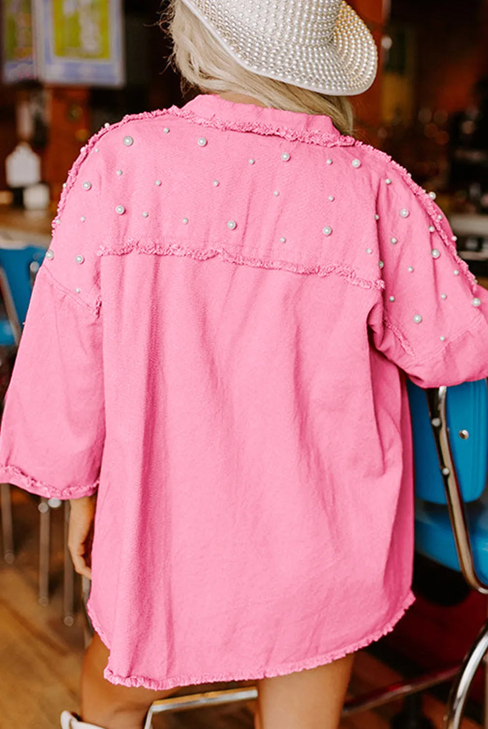 Bon Bon Pearl Beaded Pink Denim Jacket-Jackets-Krush Kandy, Women's Online Fashion Boutique Located in Phoenix, Arizona (Scottsdale Area)