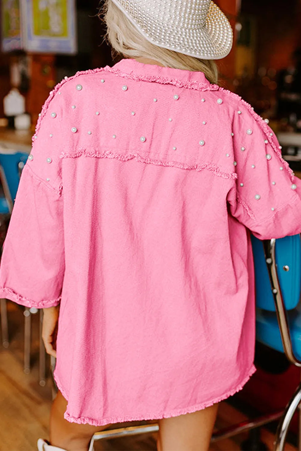 Bon Bon Pearl Beaded Pink Denim Jacket-Jackets-Krush Kandy, Women's Online Fashion Boutique Located in Phoenix, Arizona (Scottsdale Area)
