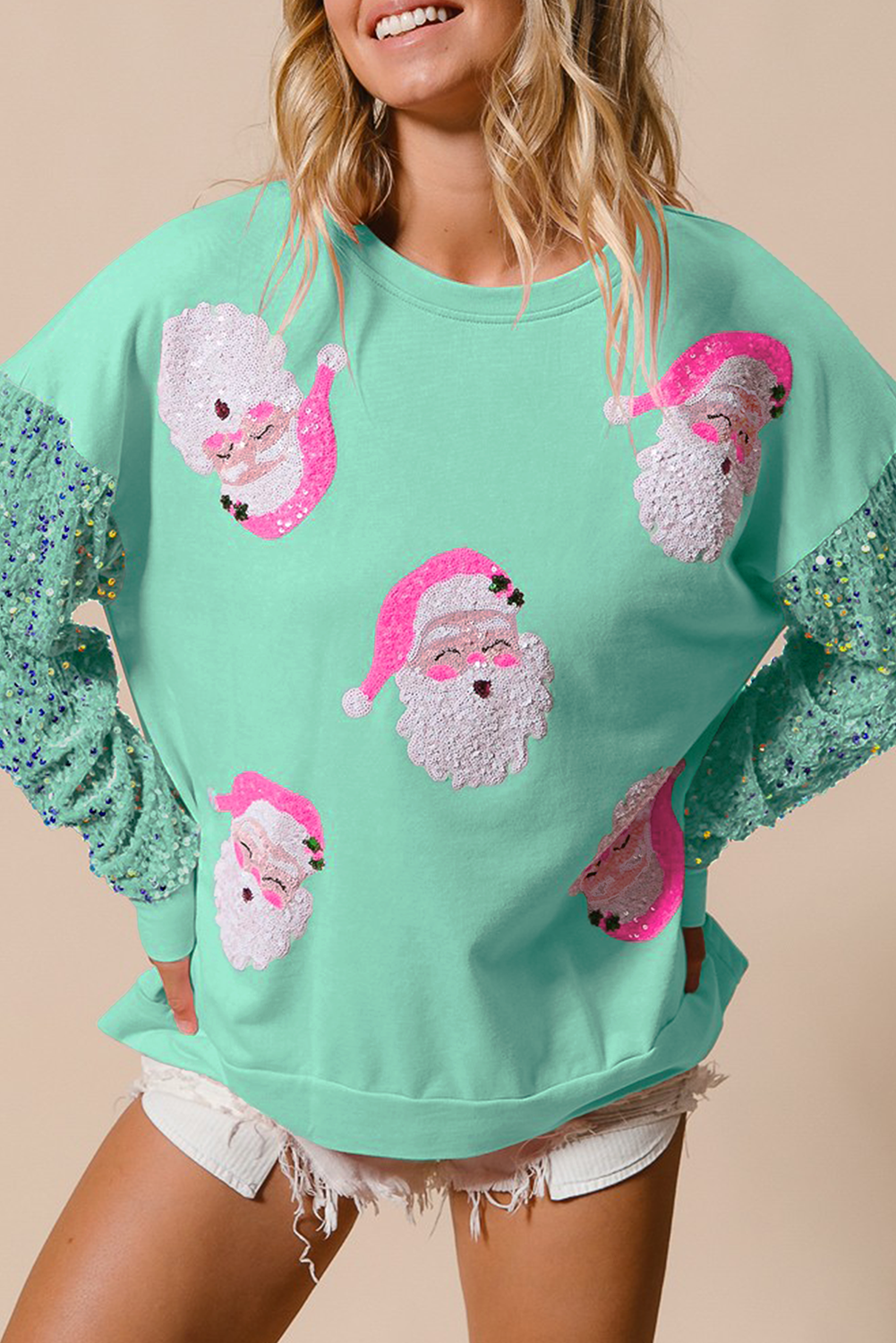 Jingle All the Way Sequin Santa Sweatshirt-Sweaters-Krush Kandy, Women's Online Fashion Boutique Located in Phoenix, Arizona (Scottsdale Area)