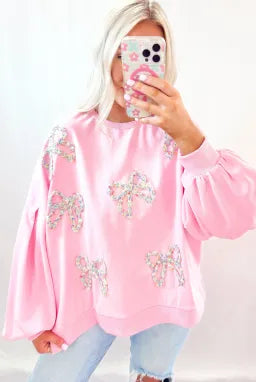 Oversized Pink Sweater with Bows-Sweaters-Krush Kandy, Women's Online Fashion Boutique Located in Phoenix, Arizona (Scottsdale Area)