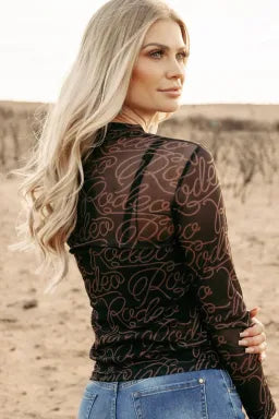 Black Western Rodeo Mock Neck Mesh Top-Long Sleeve Tops-Krush Kandy, Women's Online Fashion Boutique Located in Phoenix, Arizona (Scottsdale Area)