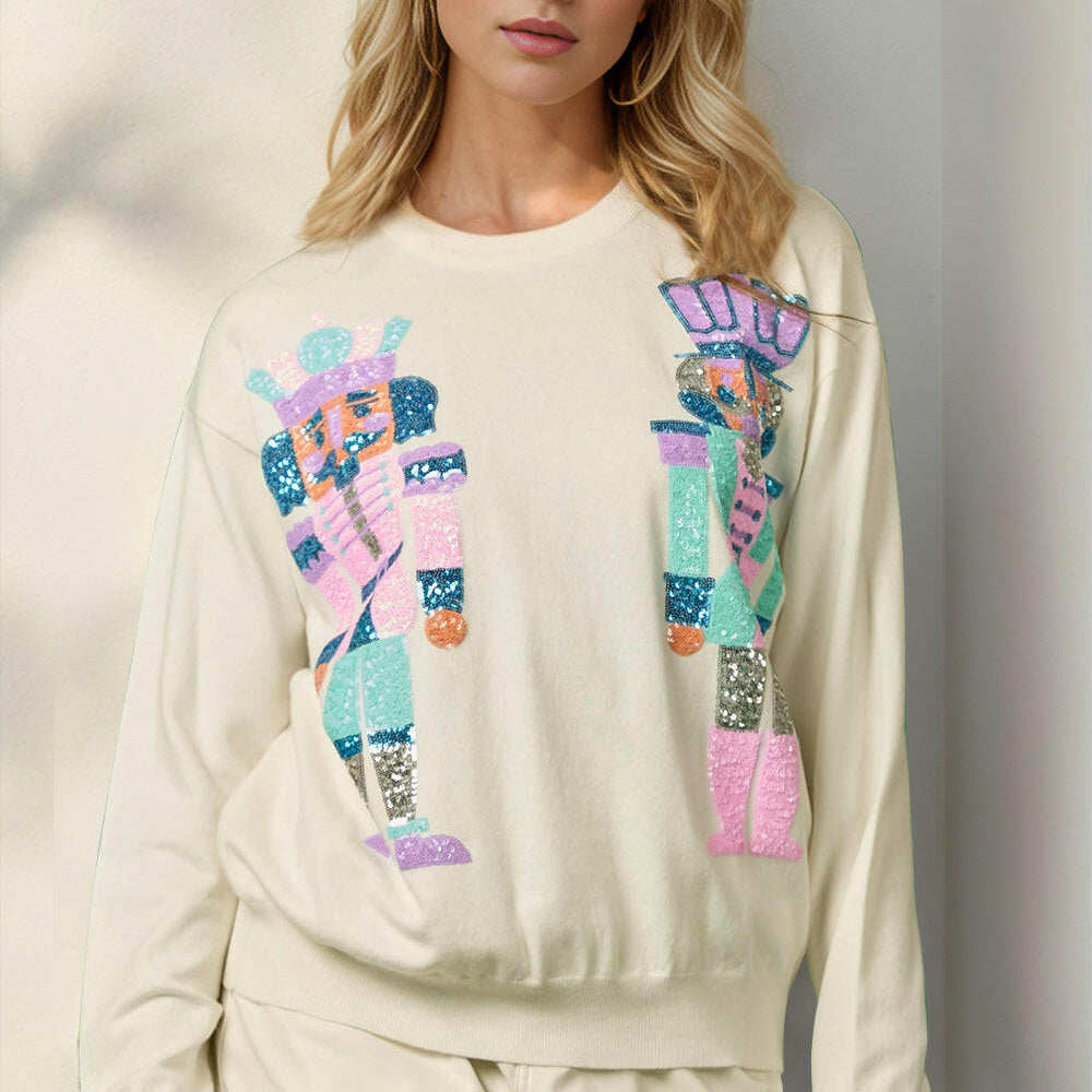 Double Take Full Size Sequin Nutcracker Long Sleeve Sweater-Sweaters-Krush Kandy, Women's Online Fashion Boutique Located in Phoenix, Arizona (Scottsdale Area)