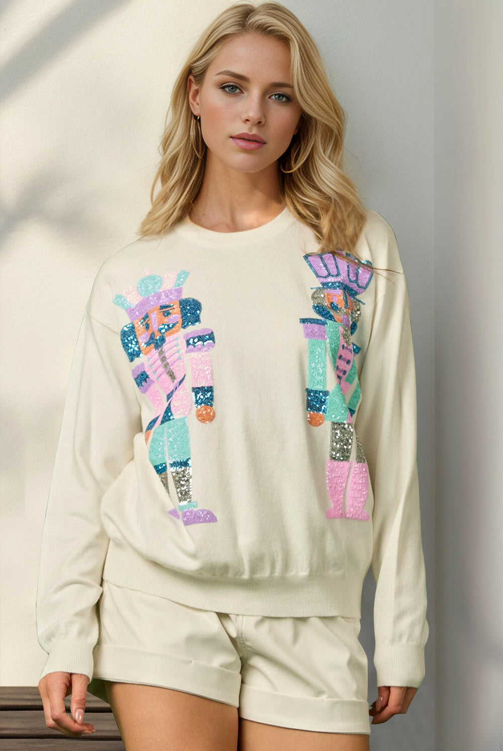 Double Take Full Size Sequin Nutcracker Long Sleeve Sweater-Sweaters-Krush Kandy, Women's Online Fashion Boutique Located in Phoenix, Arizona (Scottsdale Area)