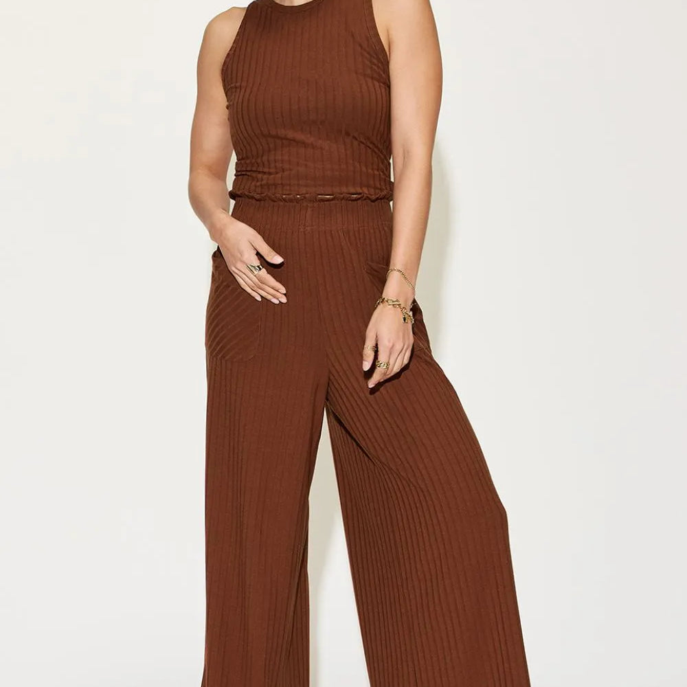 Basic Bae Full Size Ribbed Tank and Wide Leg Pants Set-2 Piece Outfit Sets-Krush Kandy, Women's Online Fashion Boutique Located in Phoenix, Arizona (Scottsdale Area)