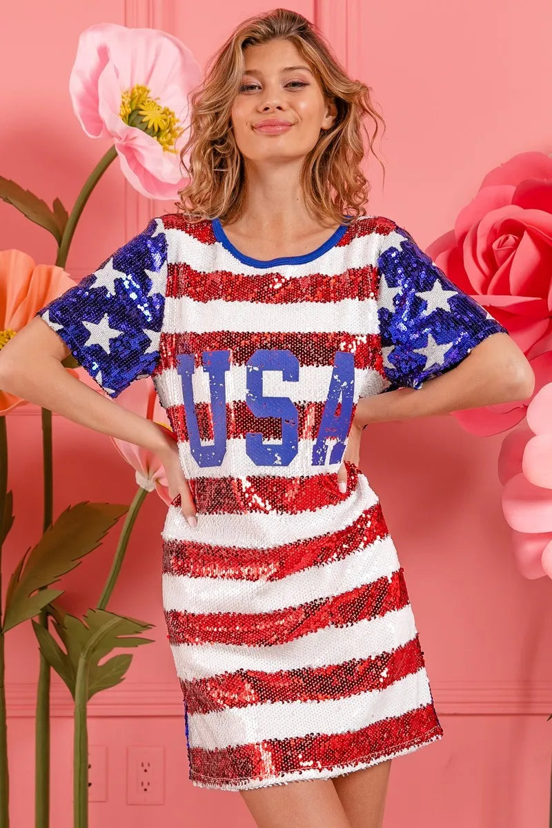BiBi American Flag Theme Usa Print Sequin Dress-Dresses-Krush Kandy, Women's Online Fashion Boutique Located in Phoenix, Arizona (Scottsdale Area)