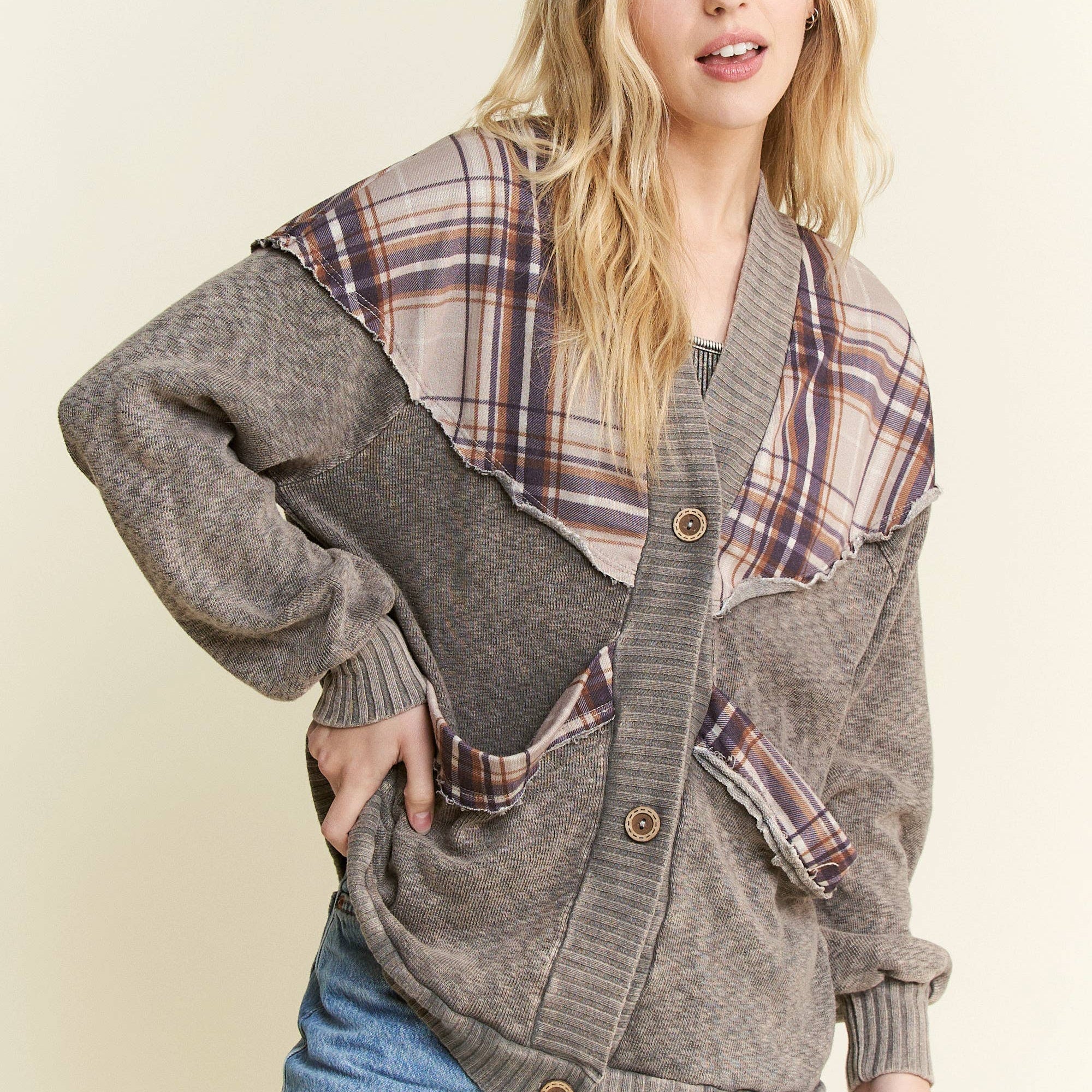 Mineral Wash Cardigan with Plaids-Cardigan-Krush Kandy, Women's Online Fashion Boutique Located in Phoenix, Arizona (Scottsdale Area)