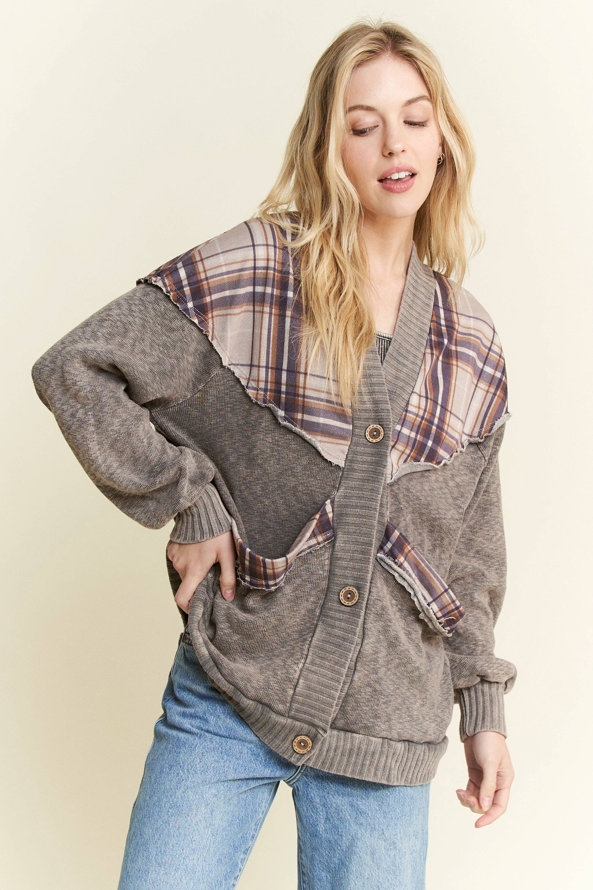 Mineral Wash Cardigan with Plaids-Cardigan-Krush Kandy, Women's Online Fashion Boutique Located in Phoenix, Arizona (Scottsdale Area)