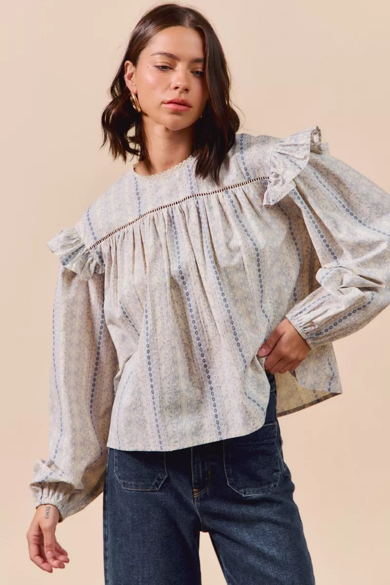 SO ME Floral Cotton Print Ruffled Long Sleeve Blouse-Tops-Krush Kandy, Women's Online Fashion Boutique Located in Phoenix, Arizona (Scottsdale Area)