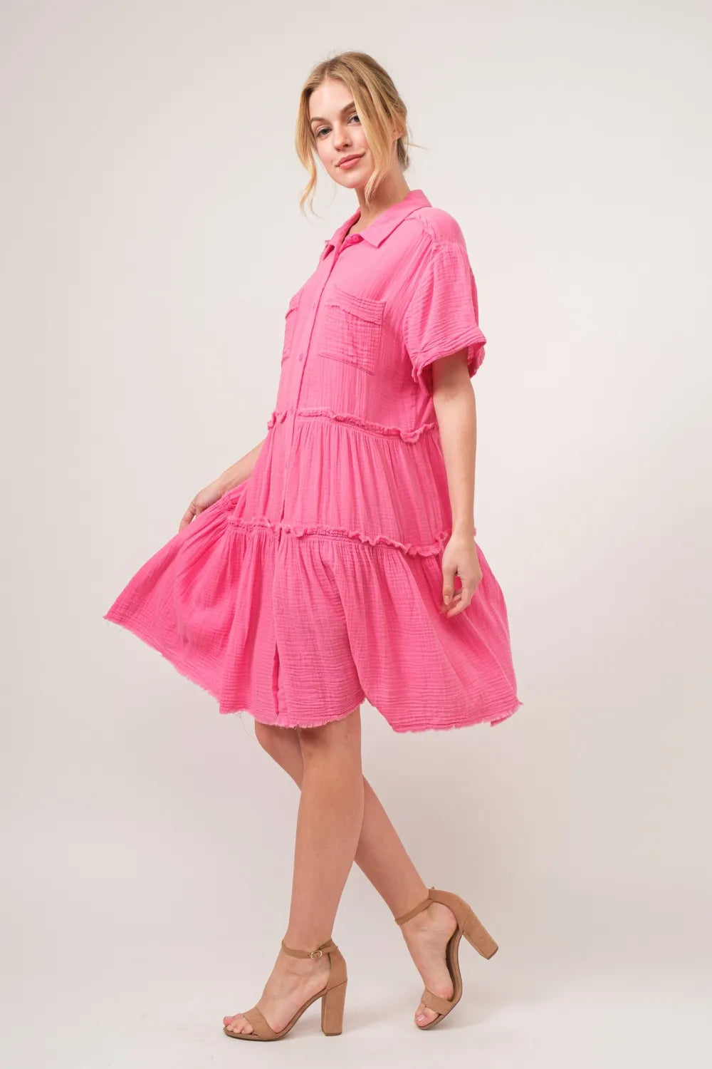 And The Why Full Size Raw Edge Washed Tiered Shirt Dress-Dresses-Krush Kandy, Women's Online Fashion Boutique Located in Phoenix, Arizona (Scottsdale Area)
