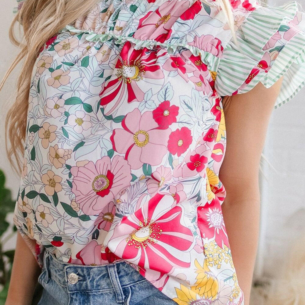 Frill Floral Print Ruffle Cap Sleeve Blouse-Blouses-Krush Kandy, Women's Online Fashion Boutique Located in Phoenix, Arizona (Scottsdale Area)