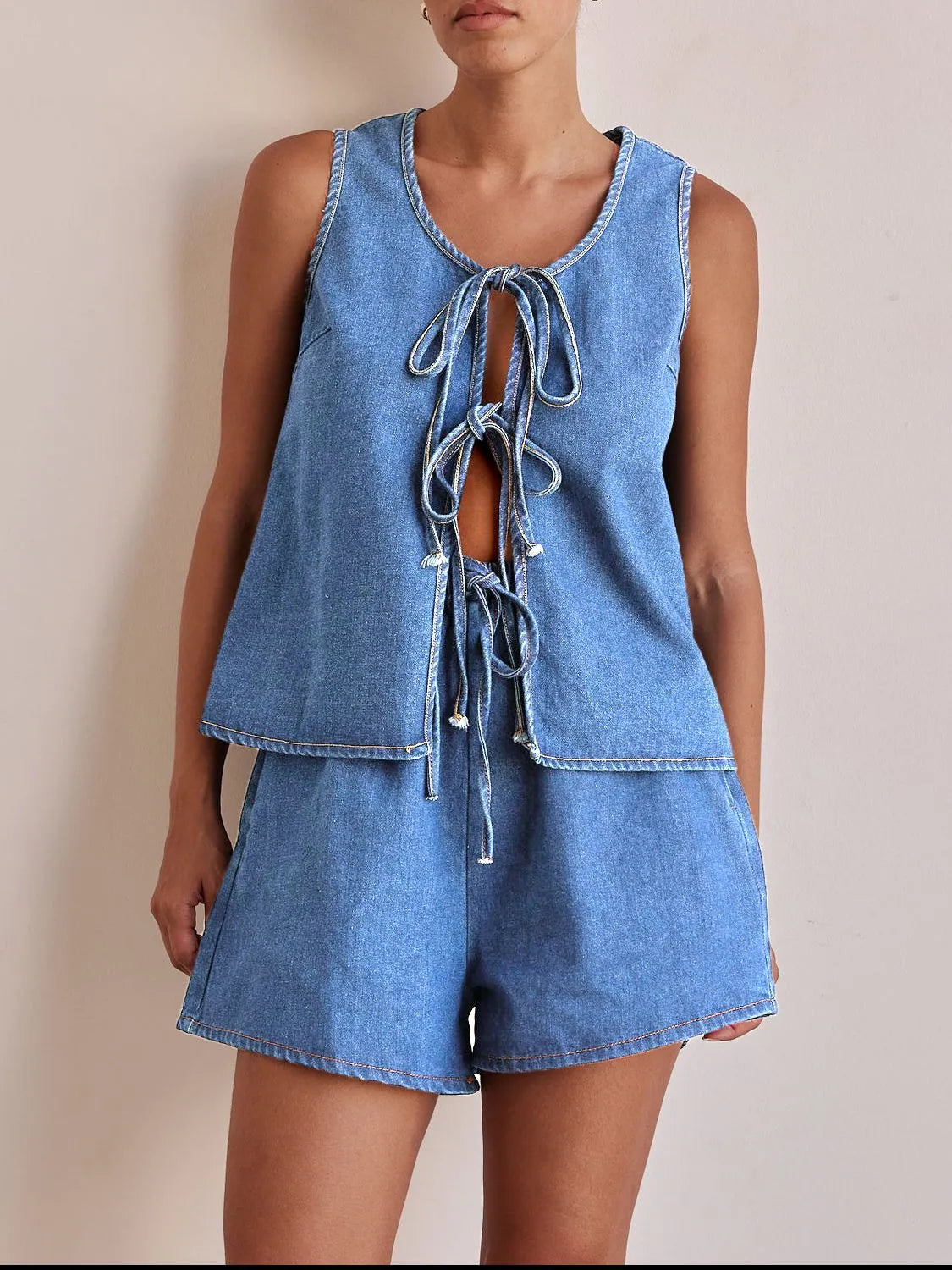 Denim Tie-Front Two-Piece Set-Tops-Krush Kandy, Women's Online Fashion Boutique Located in Phoenix, Arizona (Scottsdale Area)