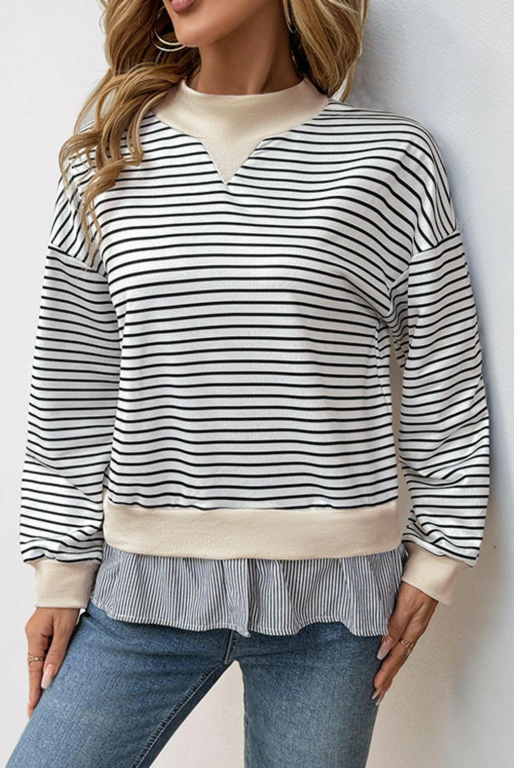 Perfee Faux Layered Striped Long Sleeve Sweatshirt-Long Sleeve Tops-Krush Kandy, Women's Online Fashion Boutique Located in Phoenix, Arizona (Scottsdale Area)