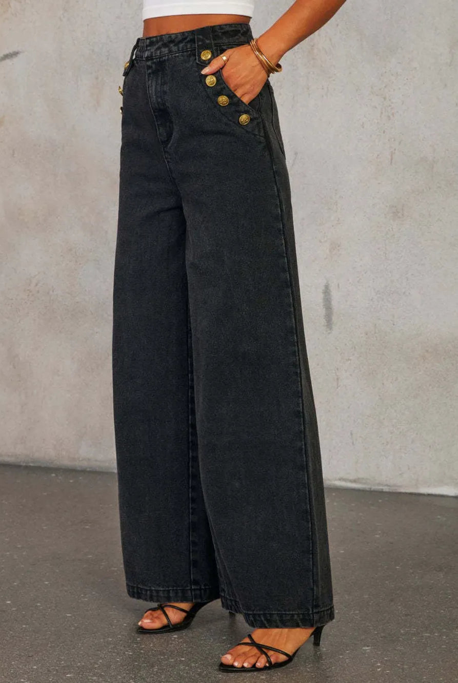 Button Decor High Rise Wide Leg Jeans-Krush Kandy, Women's Online Fashion Boutique Located in Phoenix, Arizona (Scottsdale Area)