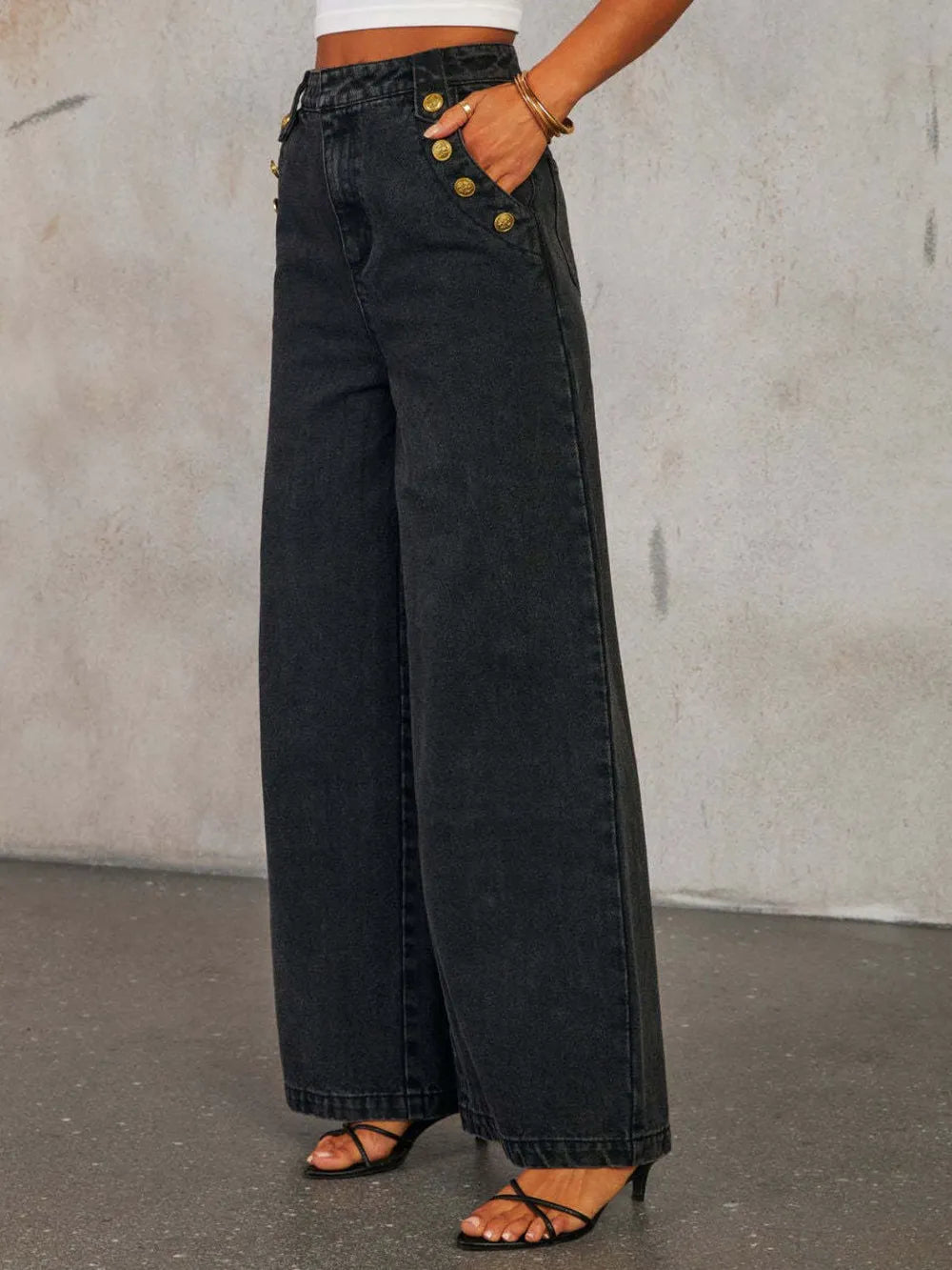 Button Decor High Rise Wide Leg Jeans-Krush Kandy, Women's Online Fashion Boutique Located in Phoenix, Arizona (Scottsdale Area)