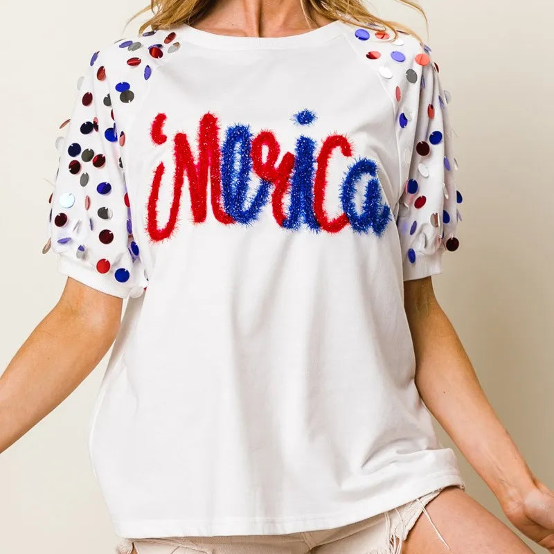 BiBi Metallic Letter Spangle Raglan Puff Sleeve Top-Tops-Krush Kandy, Women's Online Fashion Boutique Located in Phoenix, Arizona (Scottsdale Area)