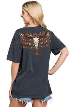 Floral Cow Skull Graphic Premium Washed Tee PREORDER-Graphic Tees-Krush Kandy, Women's Online Fashion Boutique Located in Phoenix, Arizona (Scottsdale Area)