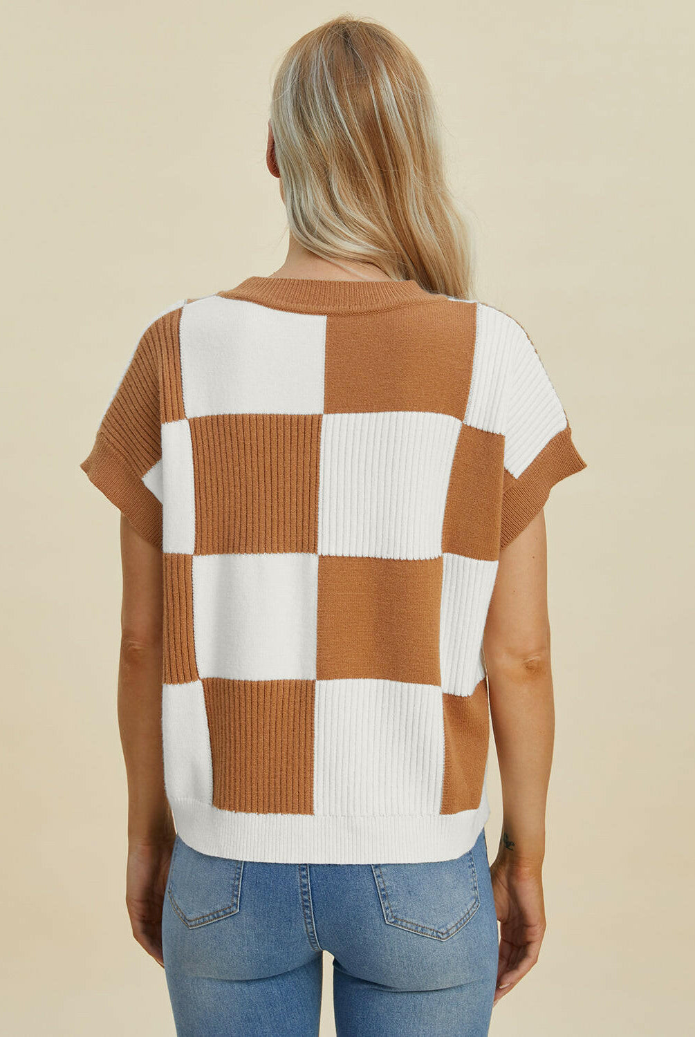 Double Take Full Size Checkered Round Neck Short Sleeve Sweater-Tops-Krush Kandy, Women's Online Fashion Boutique Located in Phoenix, Arizona (Scottsdale Area)