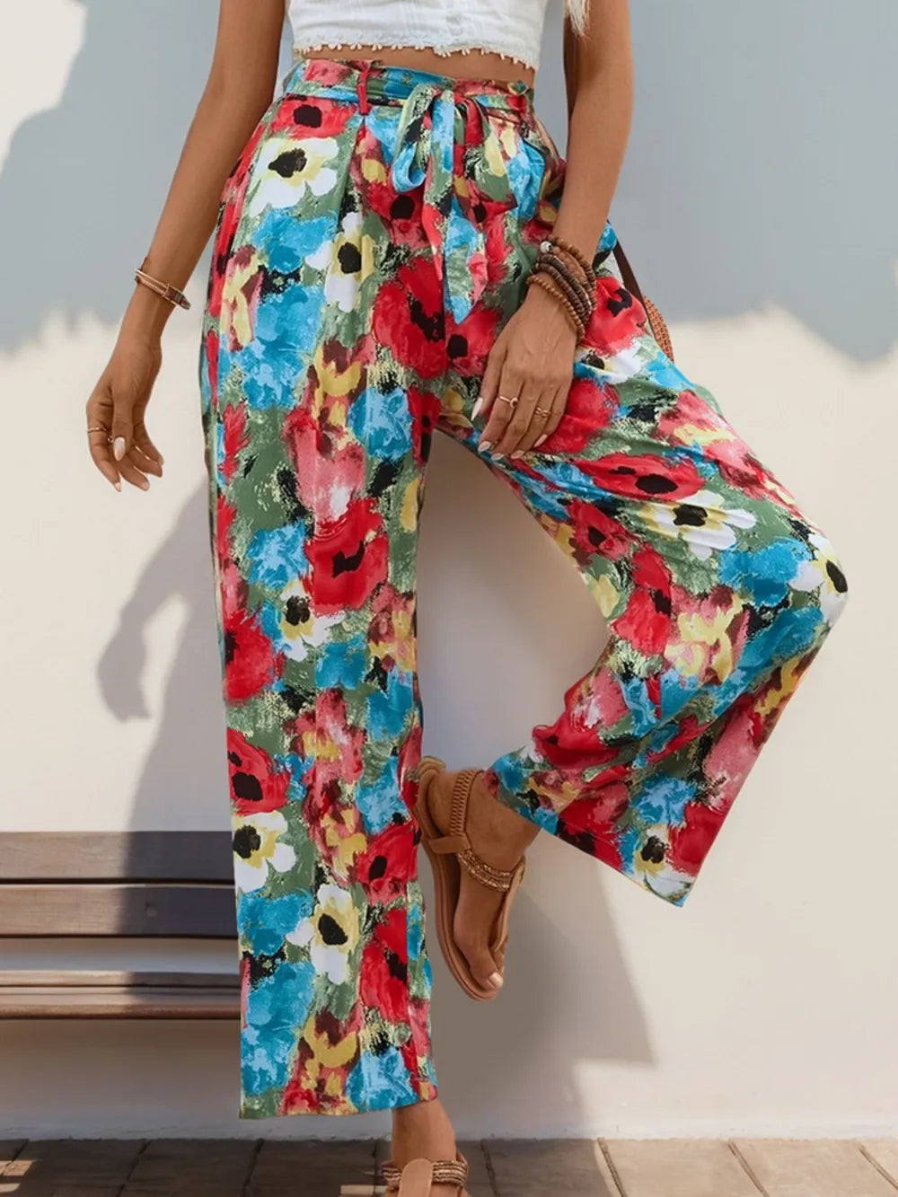 Perfee Tied Printed Wide Leg Pants-pants-Krush Kandy, Women's Online Fashion Boutique Located in Phoenix, Arizona (Scottsdale Area)