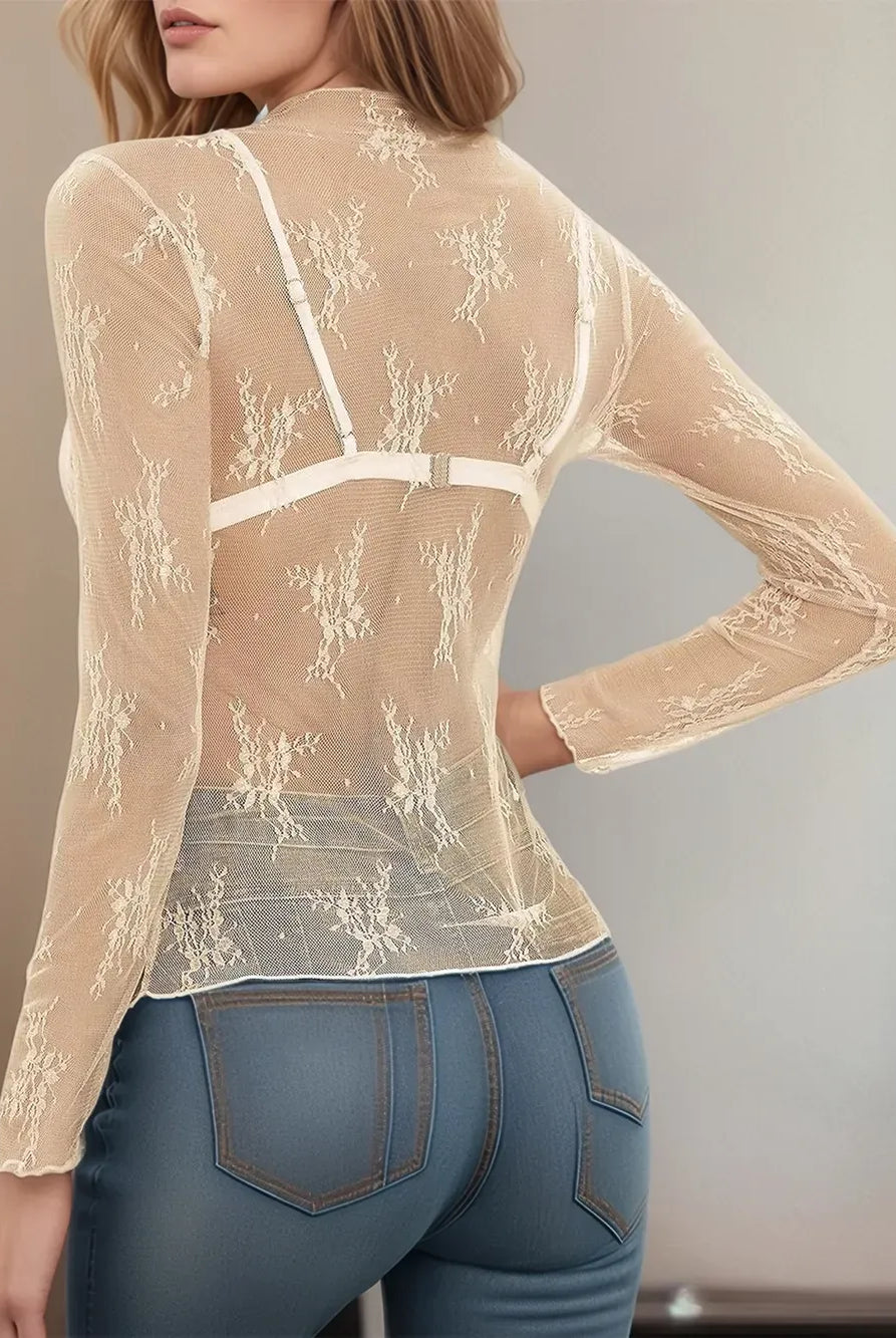 Floral Mock Neck Long Sleeve Mesh Top-Tops-Krush Kandy, Women's Online Fashion Boutique Located in Phoenix, Arizona (Scottsdale Area)