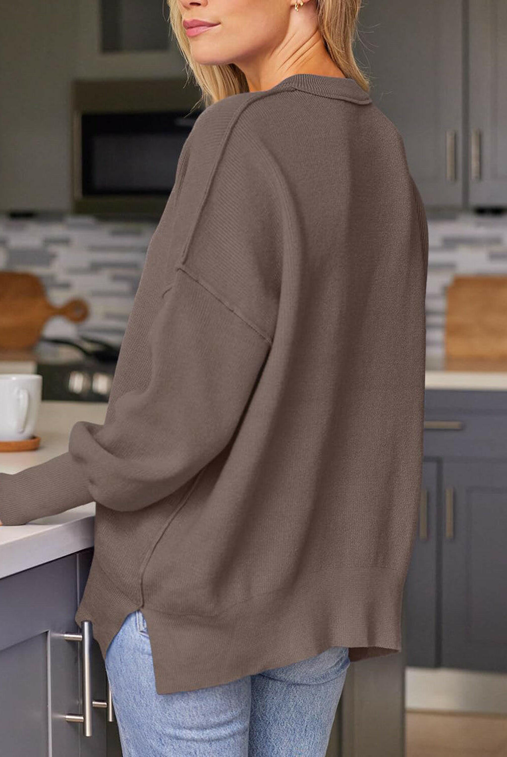 Slit Round Neck Dropped Shoulder Sweater-Krush Kandy, Women's Online Fashion Boutique Located in Phoenix, Arizona (Scottsdale Area)