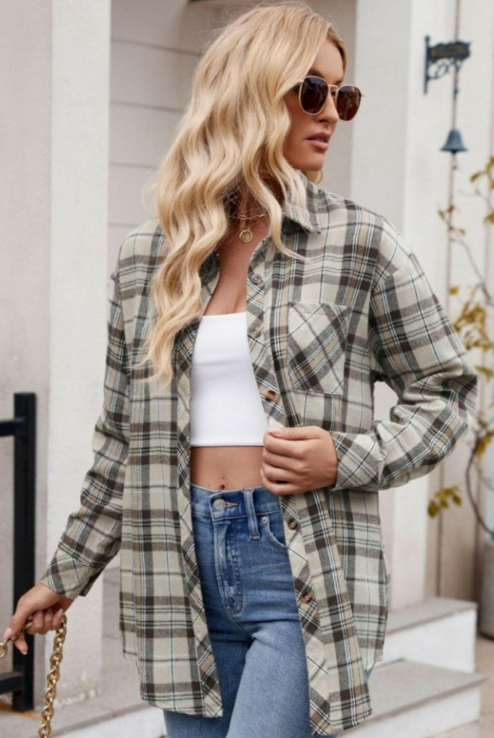 Mandy Pocketed Plaid Collared Neck Long Sleeve Shirt-Krush Kandy, Women's Online Fashion Boutique Located in Phoenix, Arizona (Scottsdale Area)