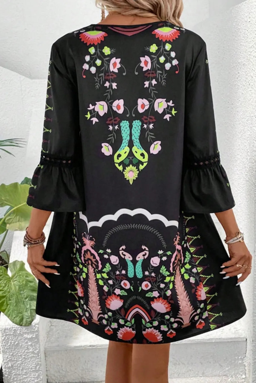 Lace Detail Printed Three-Quarter Sleeve Dress-Dresses-Krush Kandy, Women's Online Fashion Boutique Located in Phoenix, Arizona (Scottsdale Area)
