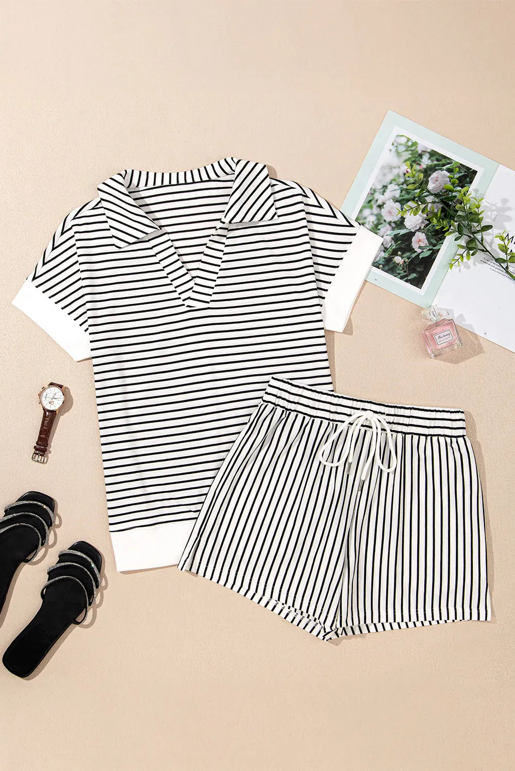 Striped V-Neck Polo Top & Shorts Set-2 Piece Outfit Sets-Krush Kandy, Women's Online Fashion Boutique Located in Phoenix, Arizona (Scottsdale Area)