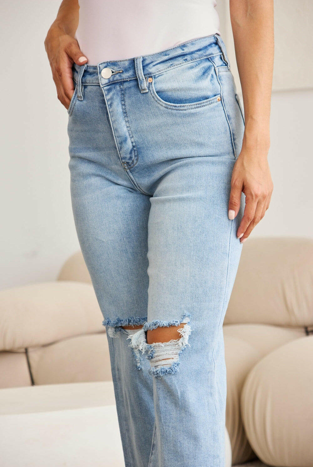 RfM Full Size Tummy Control High Waist Raw Hem Distressed Jeans-Krush Kandy, Women's Online Fashion Boutique Located in Phoenix, Arizona (Scottsdale Area)