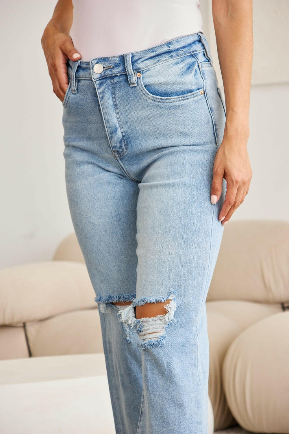 RfM Full Size Tummy Control High Waist Raw Hem Distressed Jeans-Krush Kandy, Women's Online Fashion Boutique Located in Phoenix, Arizona (Scottsdale Area)