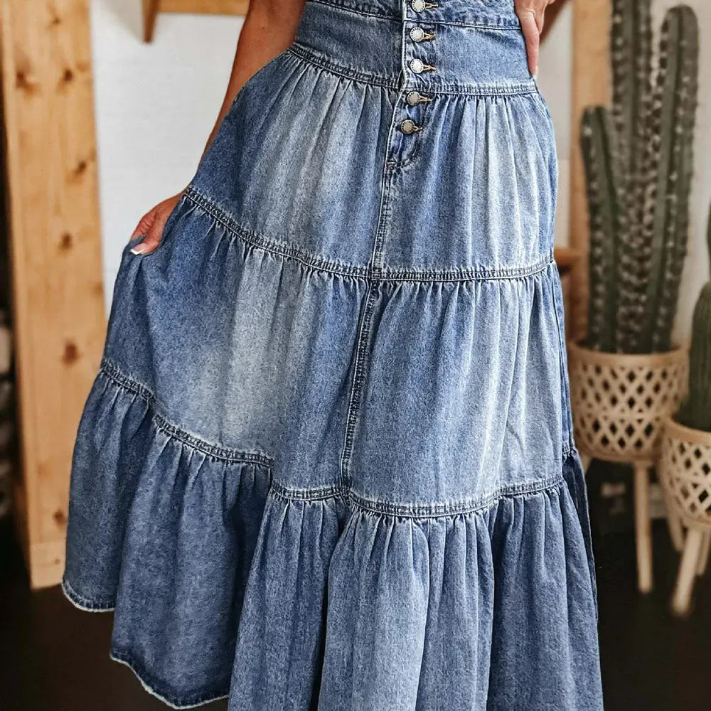 Vintage Indigo Tiered Denim Skirt-Skirts-Krush Kandy, Women's Online Fashion Boutique Located in Phoenix, Arizona (Scottsdale Area)
