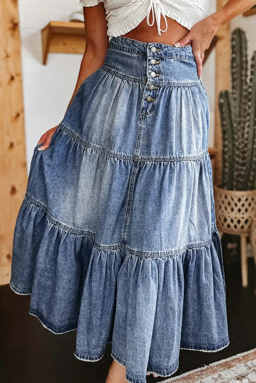 Vintage Indigo Tiered Denim Skirt-Skirts-Krush Kandy, Women's Online Fashion Boutique Located in Phoenix, Arizona (Scottsdale Area)