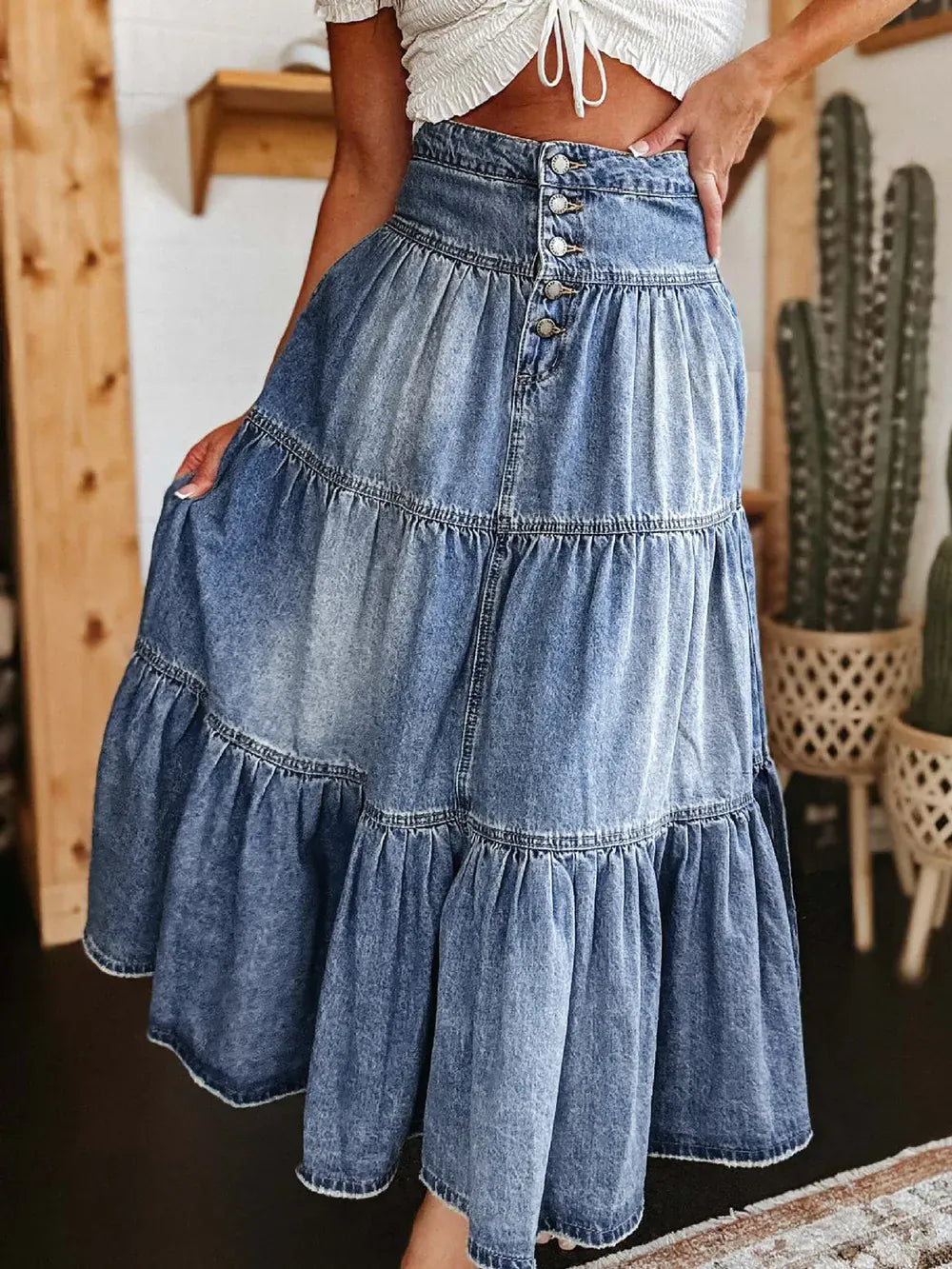 Vintage Indigo Tiered Denim Skirt-Skirts-Krush Kandy, Women's Online Fashion Boutique Located in Phoenix, Arizona (Scottsdale Area)