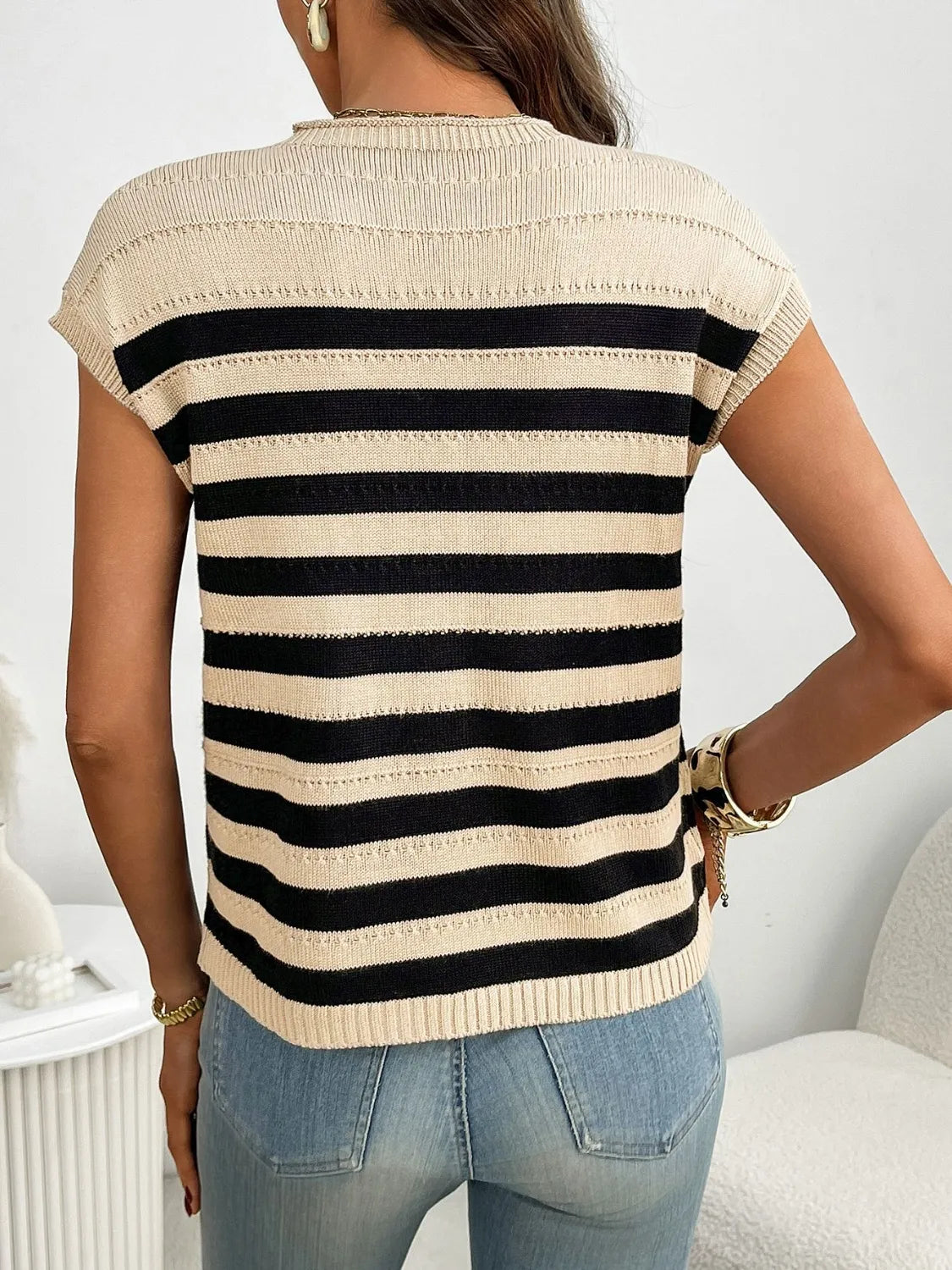 Striped Mock Neck Cap Sleeve Knit Top-Tops-Krush Kandy, Women's Online Fashion Boutique Located in Phoenix, Arizona (Scottsdale Area)