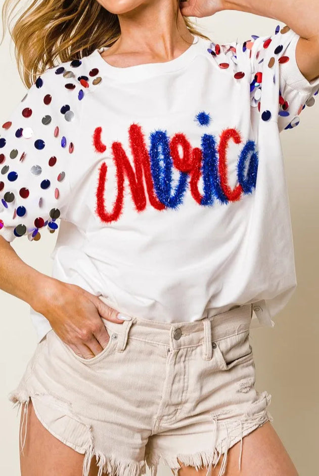 BiBi Metallic Letter Spangle Raglan Puff Sleeve Top-Tops-Krush Kandy, Women's Online Fashion Boutique Located in Phoenix, Arizona (Scottsdale Area)