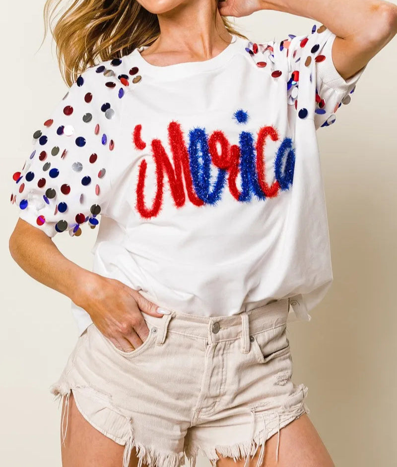 BiBi Metallic Letter Spangle Raglan Puff Sleeve Top-Tops-Krush Kandy, Women's Online Fashion Boutique Located in Phoenix, Arizona (Scottsdale Area)