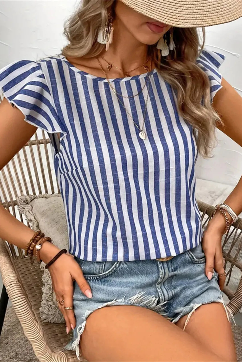 Ruffled Striped Round Neck Cap Sleeve Blouse-Blouses-Krush Kandy, Women's Online Fashion Boutique Located in Phoenix, Arizona (Scottsdale Area)
