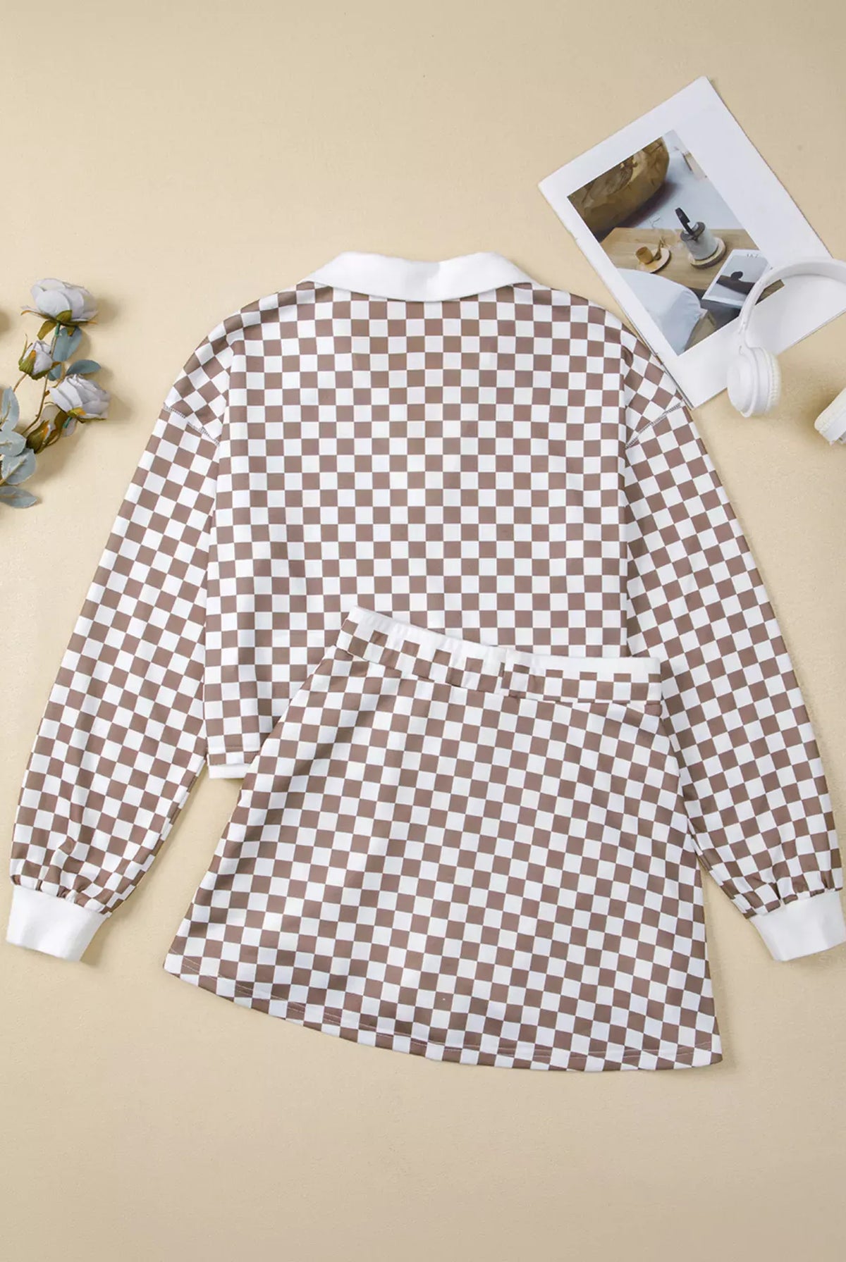 Checkered Print Polo Collar Cropped Long Sleeve Top and Drawstring Mini Skirt Set-2 Piece Outfit Sets-Krush Kandy, Women's Online Fashion Boutique Located in Phoenix, Arizona (Scottsdale Area)