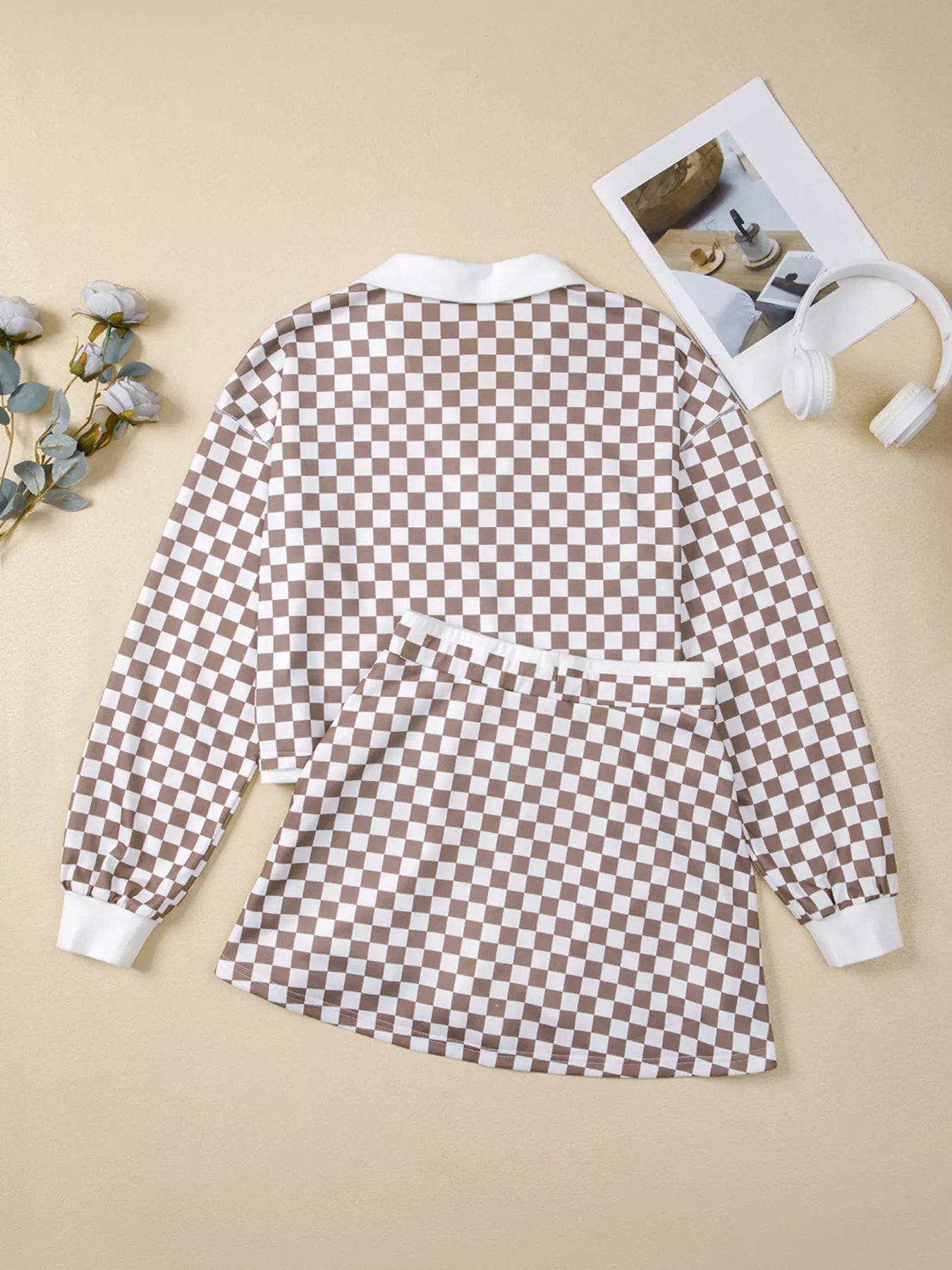 Checkered Print Polo Collar Cropped Long Sleeve Top and Drawstring Mini Skirt Set-2 Piece Outfit Sets-Krush Kandy, Women's Online Fashion Boutique Located in Phoenix, Arizona (Scottsdale Area)