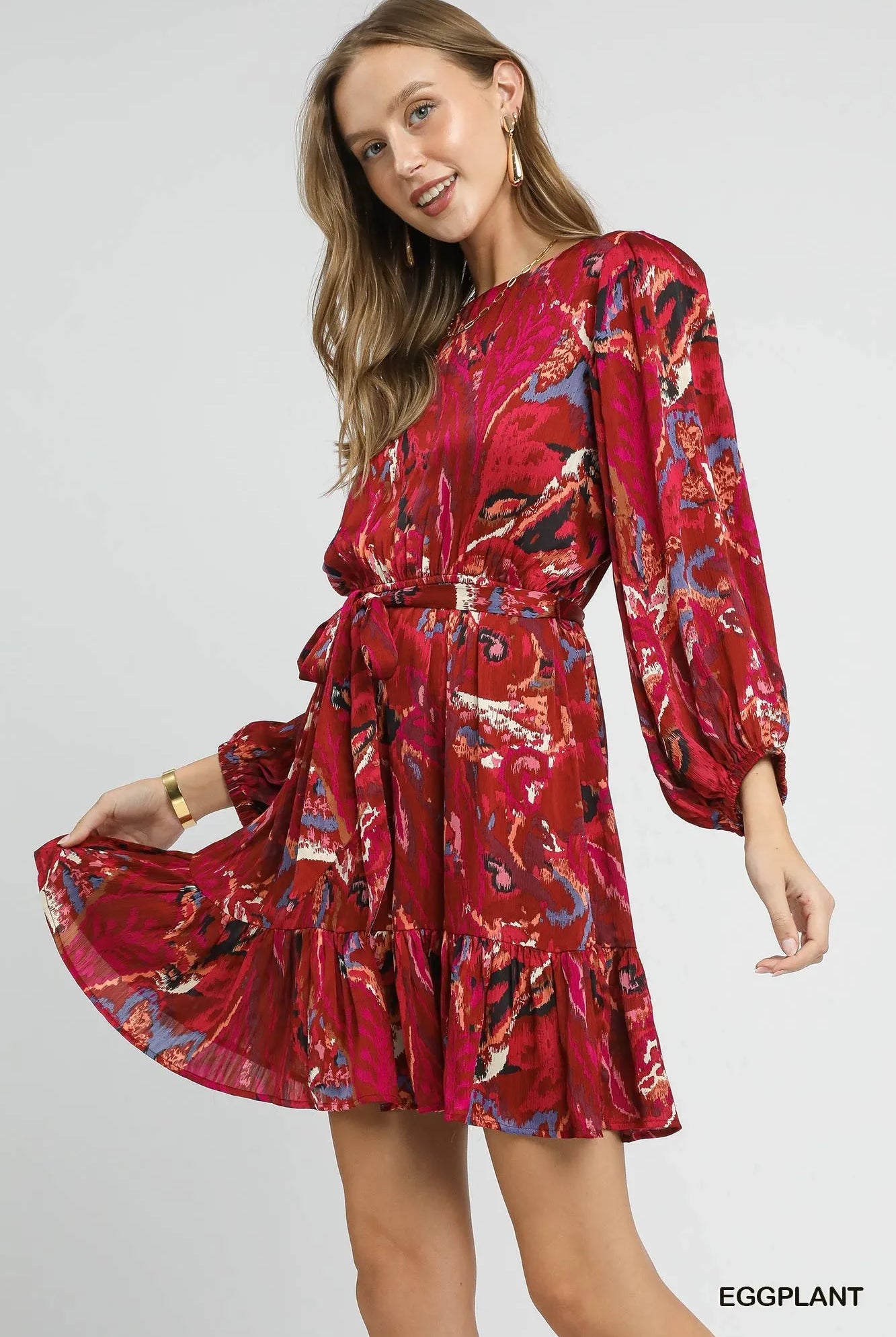 Umgee Ruffled Hem Printed Balloon Sleeve Dress-Dresses-Krush Kandy, Women's Online Fashion Boutique Located in Phoenix, Arizona (Scottsdale Area)