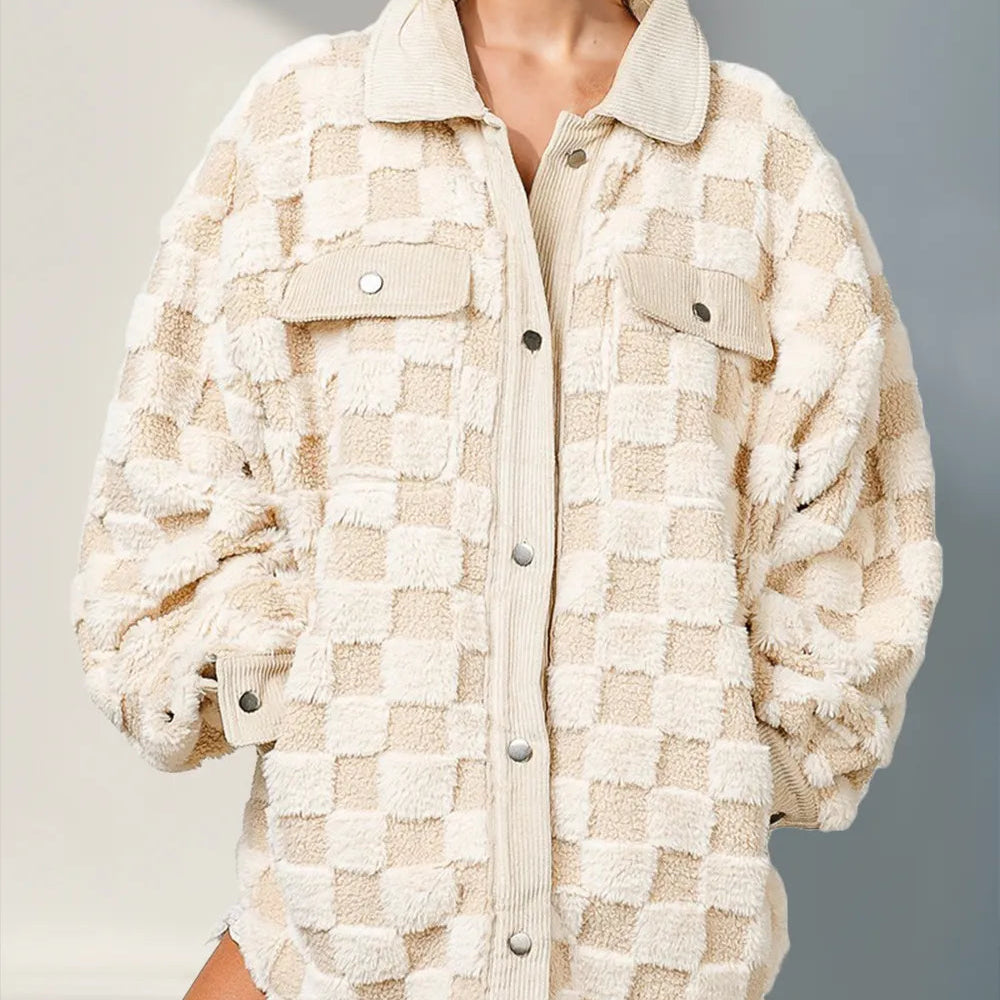 Double Take Button Up Fuzzy Checkered Shacket-Jacket-Krush Kandy, Women's Online Fashion Boutique Located in Phoenix, Arizona (Scottsdale Area)