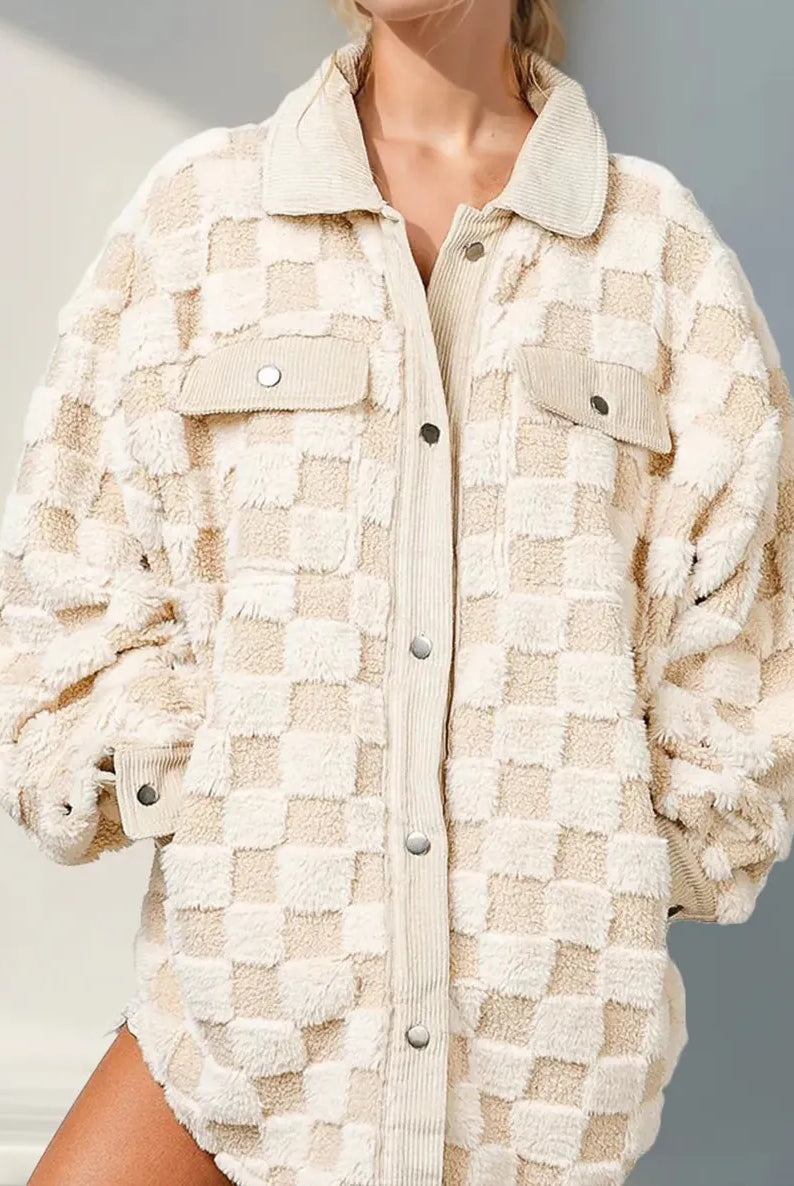 Double Take Button Up Fuzzy Checkered Shacket-Jacket-Krush Kandy, Women's Online Fashion Boutique Located in Phoenix, Arizona (Scottsdale Area)