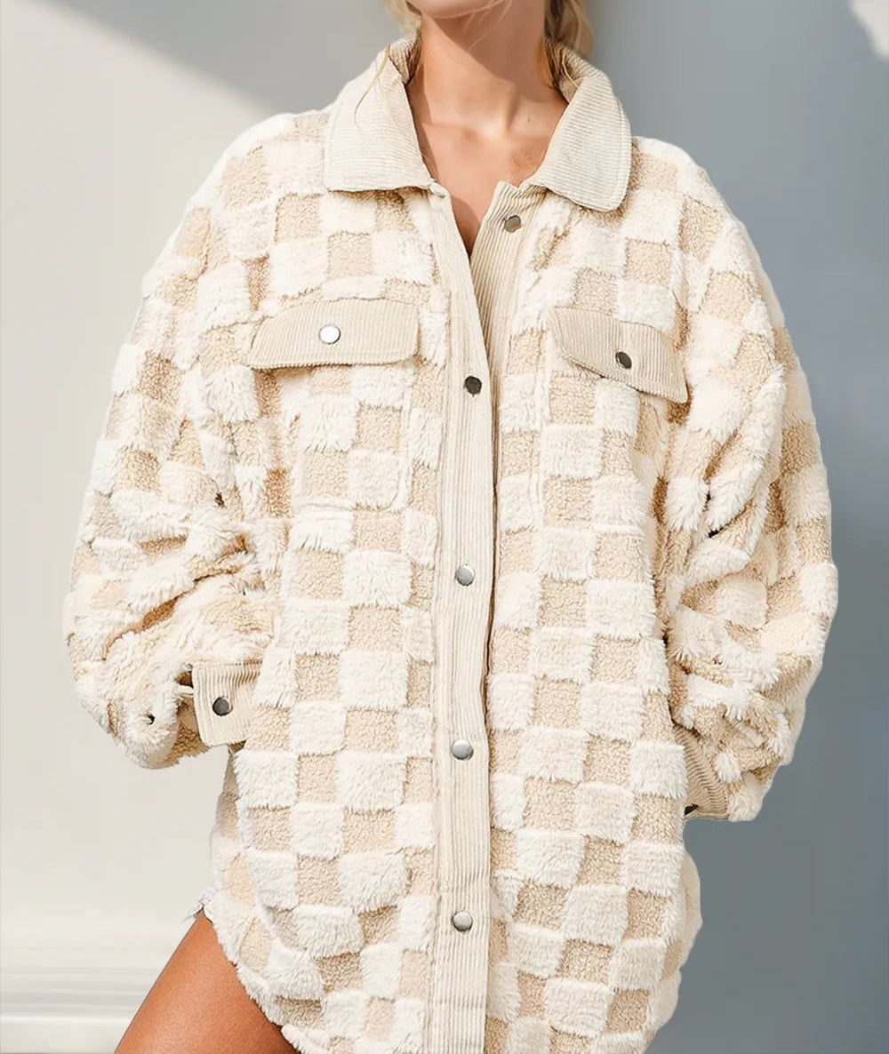 Double Take Button Up Fuzzy Checkered Shacket-Jacket-Krush Kandy, Women's Online Fashion Boutique Located in Phoenix, Arizona (Scottsdale Area)