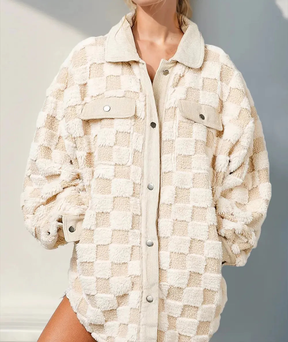 Double Take Button Up Fuzzy Checkered Shacket-Jacket-Krush Kandy, Women's Online Fashion Boutique Located in Phoenix, Arizona (Scottsdale Area)