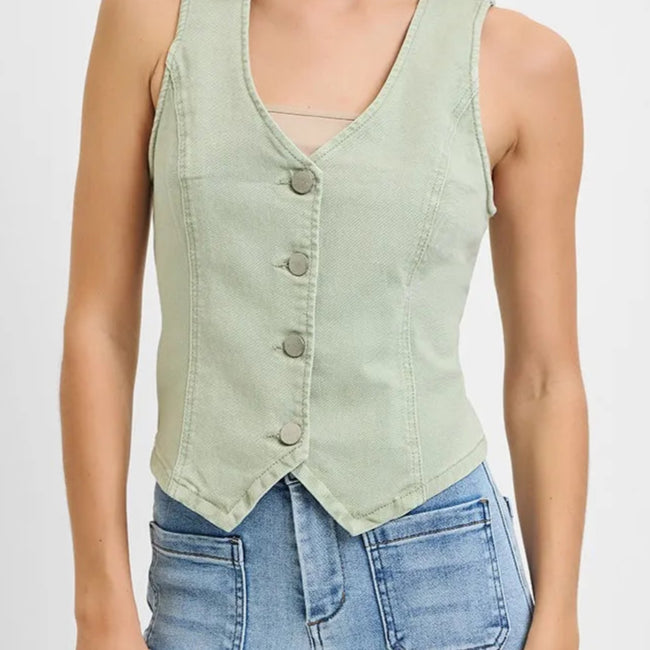 RISEN Full Size V Neck Button Down Vest Plus Size-Vests-Krush Kandy, Women's Online Fashion Boutique Located in Phoenix, Arizona (Scottsdale Area)