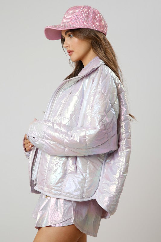 SQUARE QUILTING SHINY PADDED JACKET W/ POCKET-Jacket-Krush Kandy, Women's Online Fashion Boutique Located in Phoenix, Arizona (Scottsdale Area)