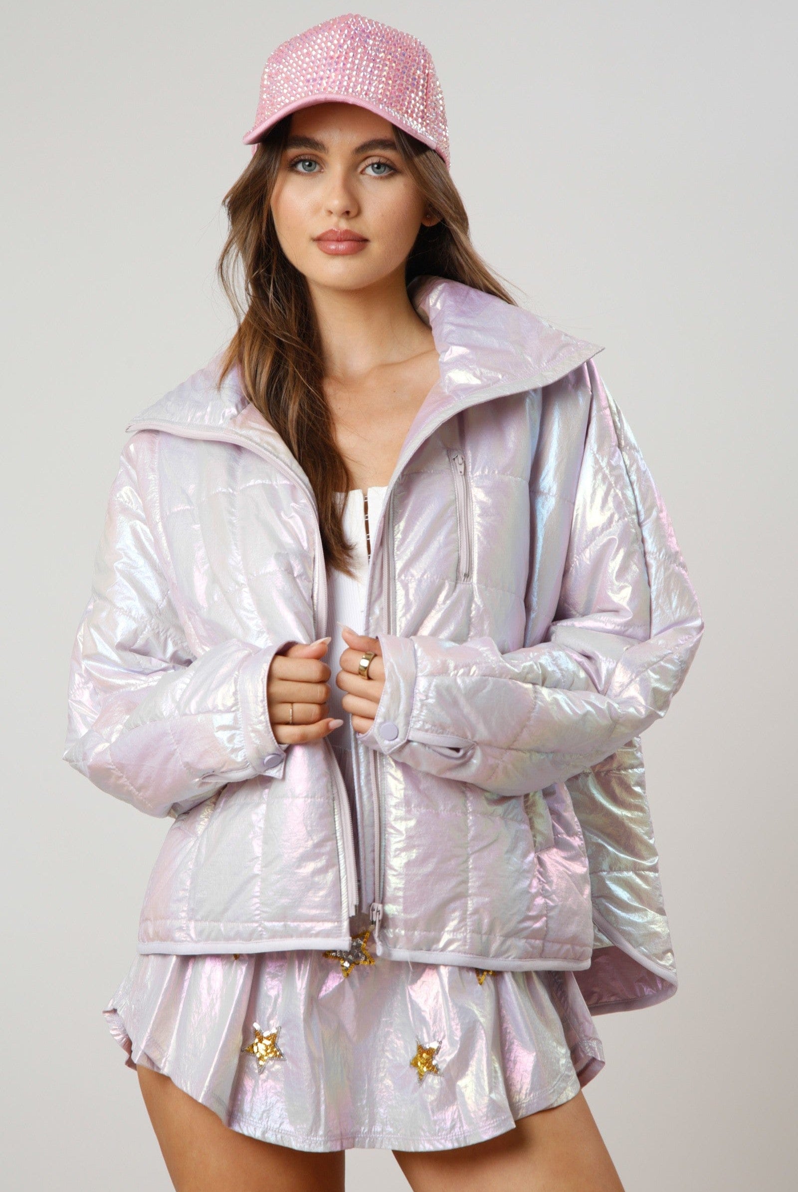 SQUARE QUILTING SHINY PADDED JACKET W/ POCKET-Jacket-Krush Kandy, Women's Online Fashion Boutique Located in Phoenix, Arizona (Scottsdale Area)
