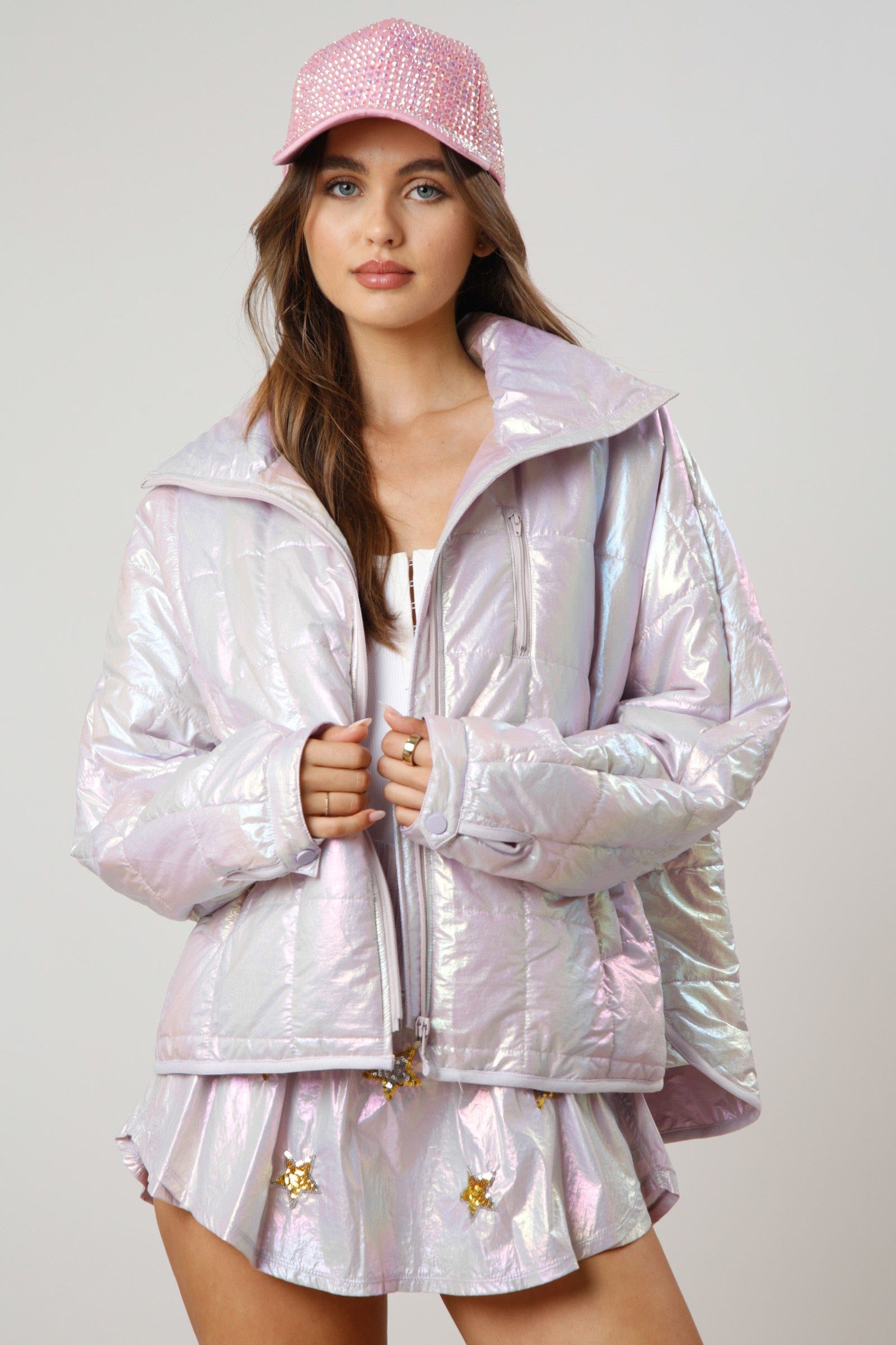 SQUARE QUILTING SHINY PADDED JACKET W/ POCKET-Jacket-Krush Kandy, Women's Online Fashion Boutique Located in Phoenix, Arizona (Scottsdale Area)