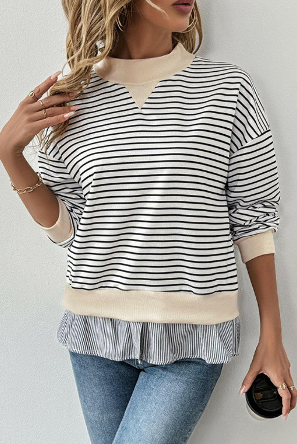 Perfee Faux Layered Striped Long Sleeve Sweatshirt-Long Sleeve Tops-Krush Kandy, Women's Online Fashion Boutique Located in Phoenix, Arizona (Scottsdale Area)