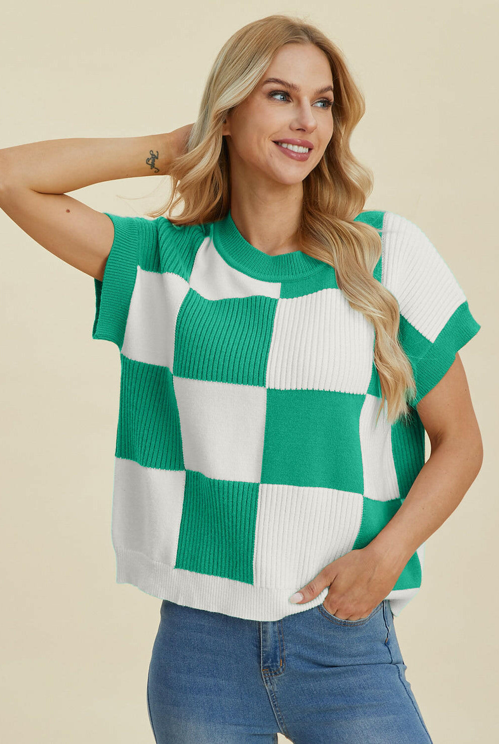 Double Take Full Size Checkered Round Neck Short Sleeve Sweater-Tops-Krush Kandy, Women's Online Fashion Boutique Located in Phoenix, Arizona (Scottsdale Area)